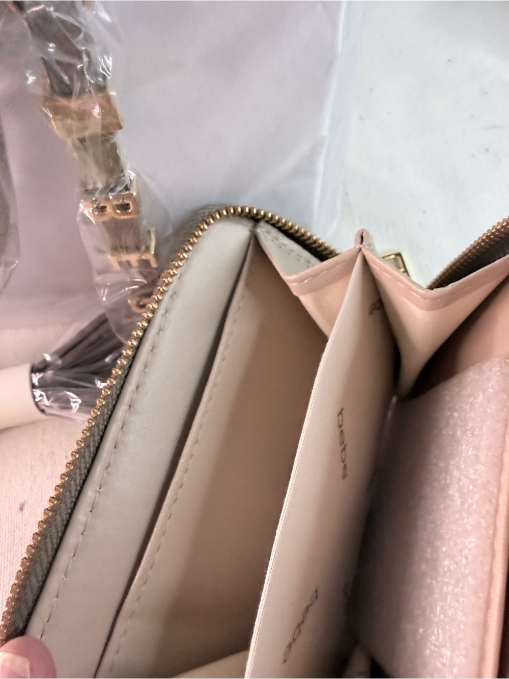 bebe Taupe Logo Satchel with Matching Wallet and keychain - Picture 6 of 15